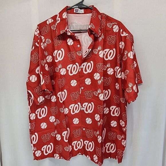 Masn mens Washington Nationals Button up Shirt red white size L - Picture 1 of 8